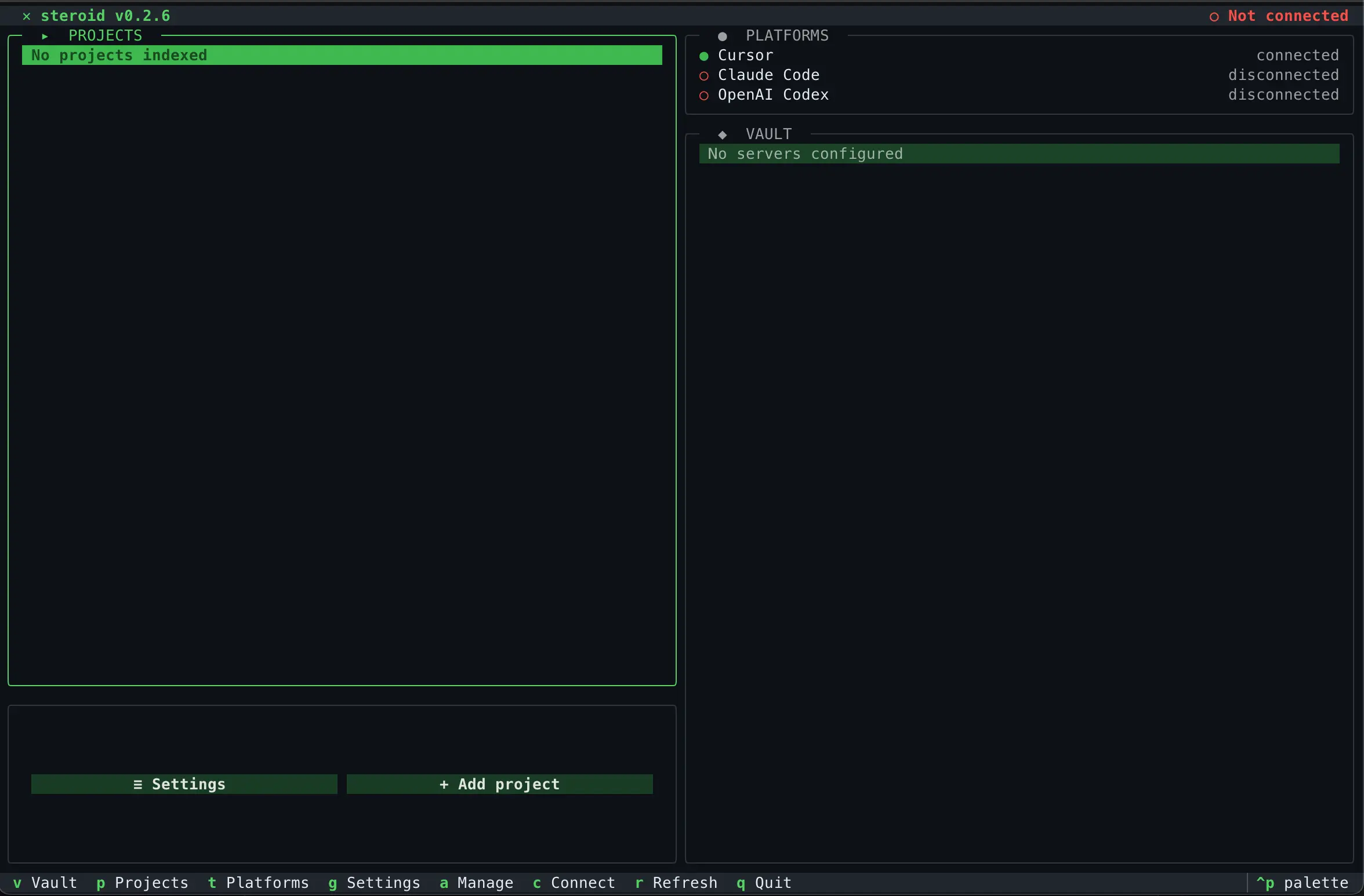 Steroid CLI — connected terminal UI